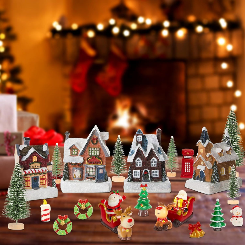 Skiennix 24-Piece Christmas Village Set - LED Light-Up Houses & Figurines for Festive Home Decor