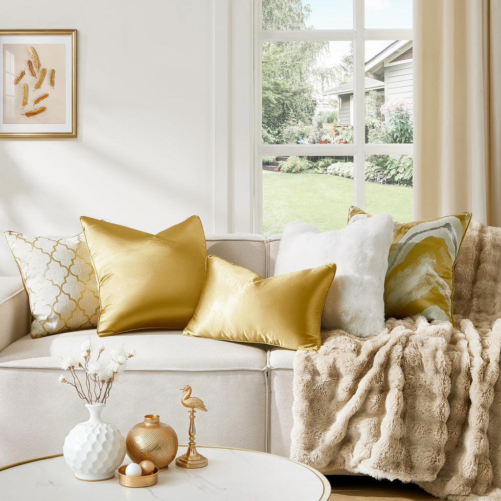 HOMEIDEAS Gold Decorative Throw Pillow Covers 18x18 Set of 2, Glossy Faux Silk Pillow Covers for Couch Sofa Bed Decor Luxury Euro Summer Cushion Covers