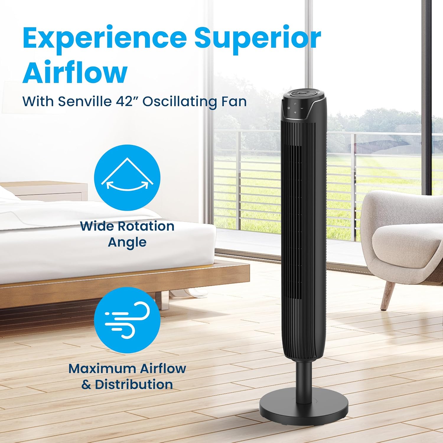 Senville 42" Bladeless Oscillating Tower Fan - Quiet Operation, Remote Control, 3 Modes, Black