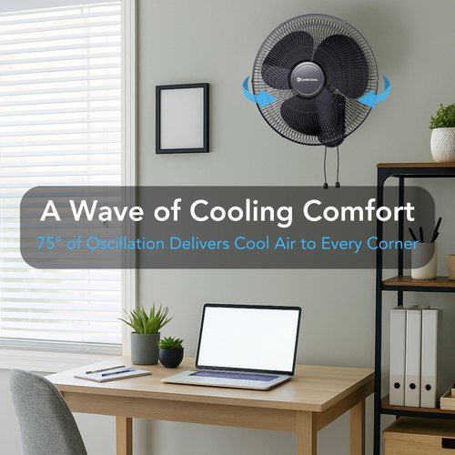 Comfort Zone 16-Inch Oscillating Wall Mount Fan – Quiet 3-Speed Indoor Fan with 60° Adjustable Tilt, Pull-Chain Control & Durable Metal Grille – Space-Saving Cooling for Home, Office, & Greenhouse
