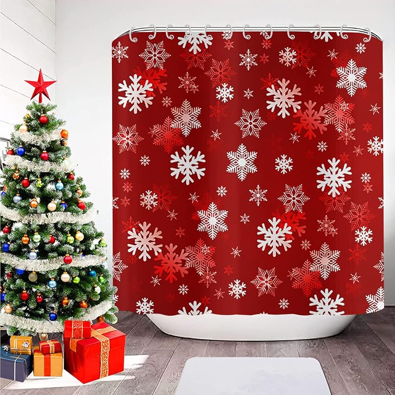 Christmas Snowflake Shower Curtain Red White 72x72 with 12 Hooks – Waterproof Polyester