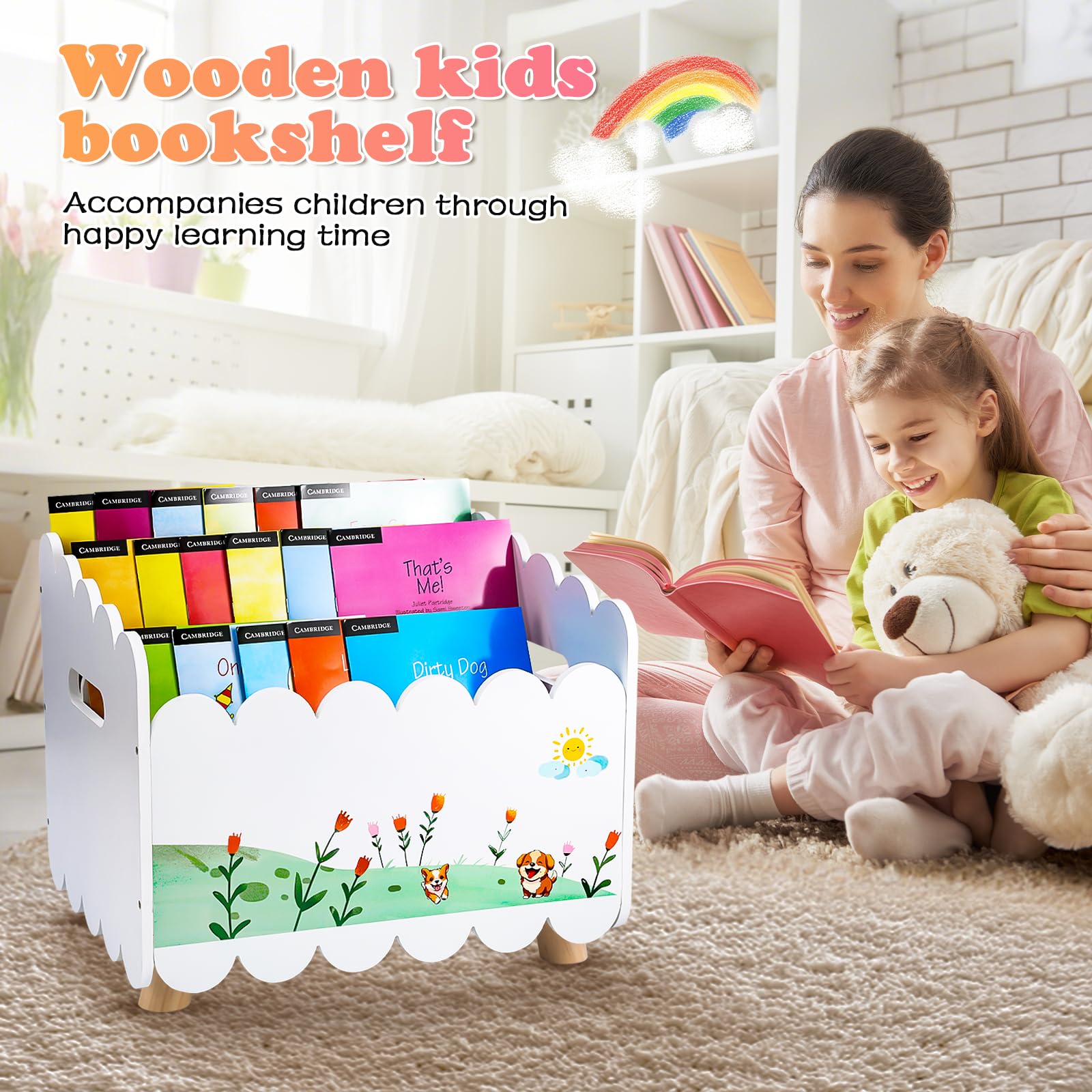 QwayHome Wood Kids Bookshelf, Montessori Bookshelf, Kids Storage Oragnzier with Handles, Toddler Bookcase with 2 Adjustable Dividers for Bedroom,Nursery & Classroom,White