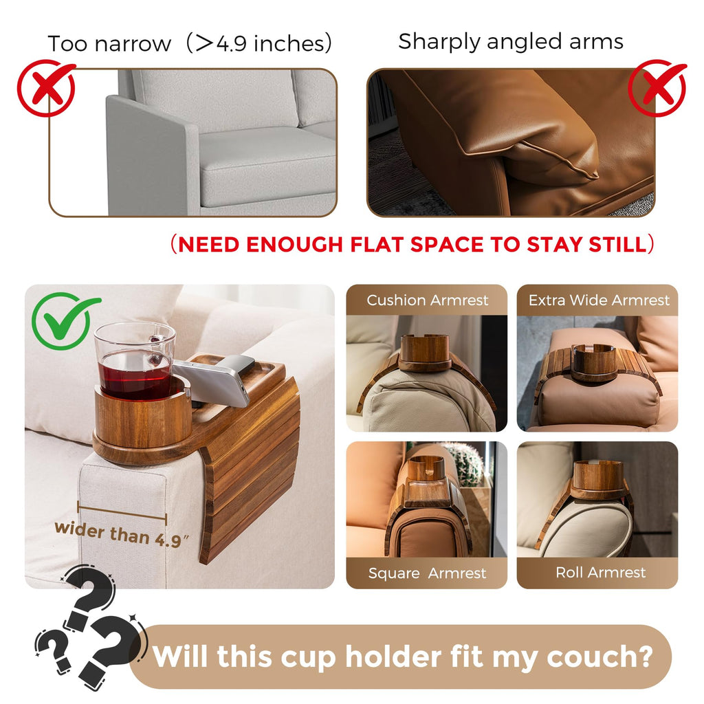 Couch Cup Holder for Armrests Over 4.9" Wide, Acacia Wood Couch Arm Tray with 360° Rotating Cup Holder, 3 in 1 Foldable Sofa Arm Tray Table for Remote, Snacks, Phone, Drinks