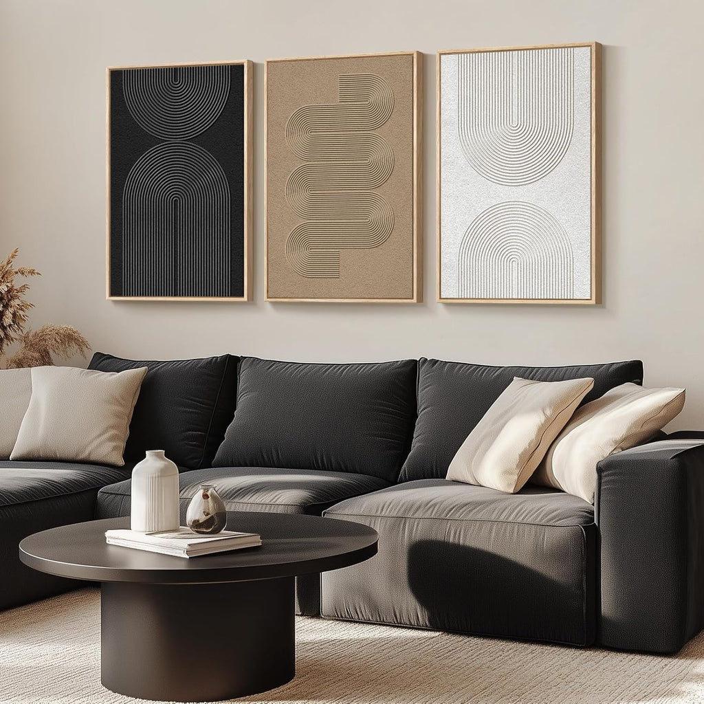 Skiennix Large Framed Boho Modern Abstract Wall Art - 3 Piece Black & White Canvas Set | 24x36 In
