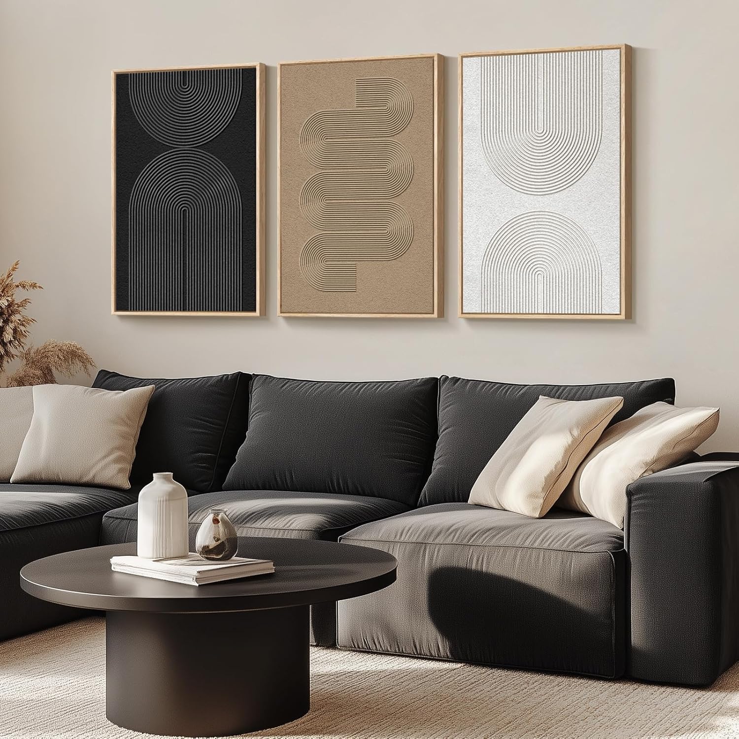 Skiennix Large Framed Boho Modern Abstract Wall Art - 3 Piece Black & White Canvas Set | 24x36 In