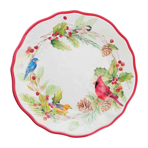 UPware 12 Piece Winter Birds Melamine Dinnerware Sets, Outdoor Dishes Set, Plates and Bowls Sets, Christmas Decorations, Service for 4, Red