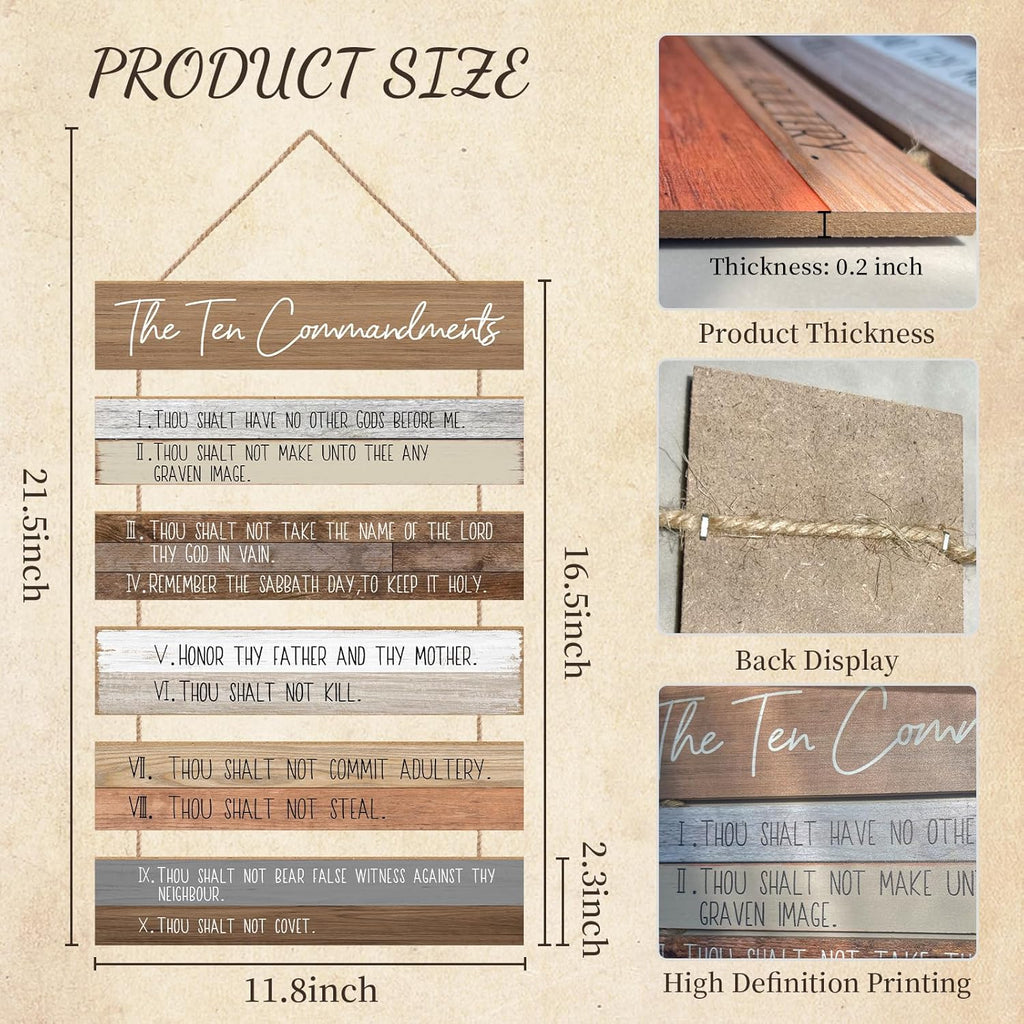 Ten Commandments Wall Art by Christian Home - Wooden Bible Verse Decor for Living Room, Office, Garden