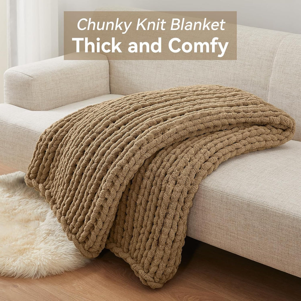 Negwoo Chunky Knit Throw Blanket - Handmade Light Brown Chenille Yarn | Soft & Comfy 40'' x 50'' Size
