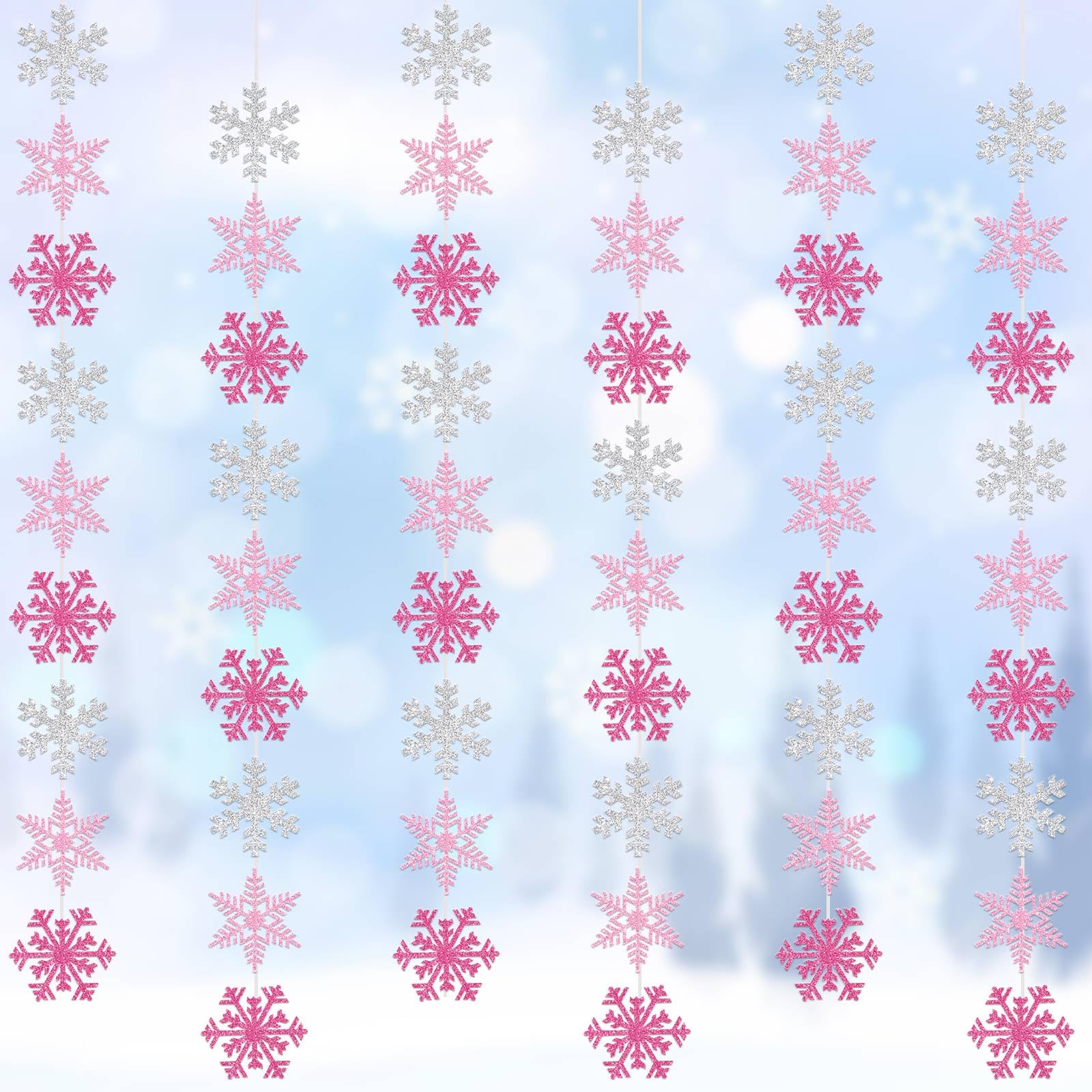 54Pcs Snowflake Garland Decorations Pink Silver Glitter Snowflake Banner for Christmas Winter Wonderland Party Decoration