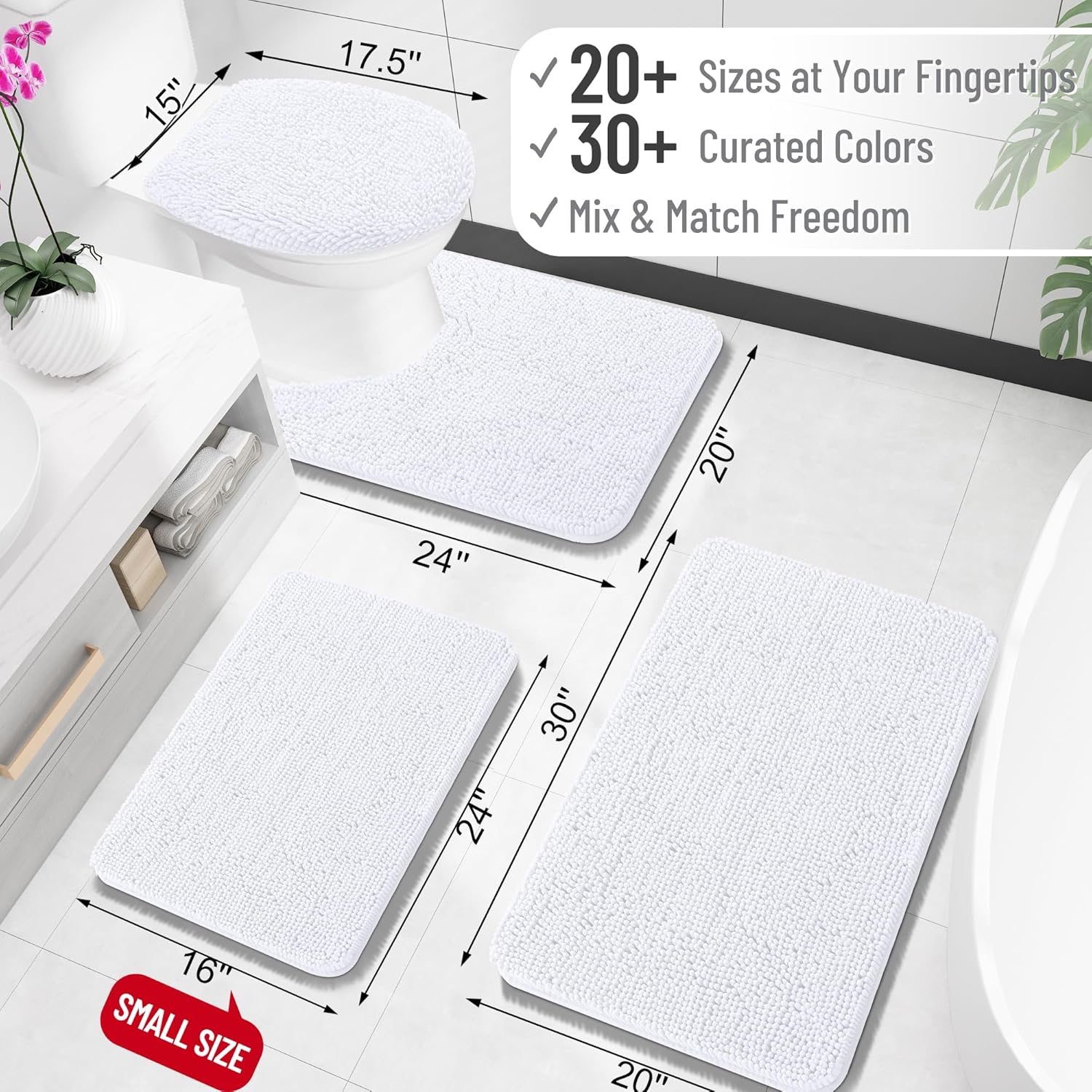 OLANLY U-Shaped Toilet Rugs - Extra Soft, Absorbent Chenille Bath Mat | 24x24, White, Machine Washable
