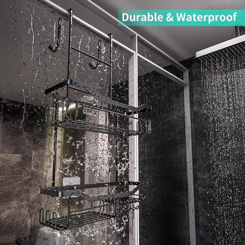 HapiRm Hanging Shower Caddy - No Drill Adhesive Organizer with 11 Hooks | Rustproof 304 Stainless Steel - Black