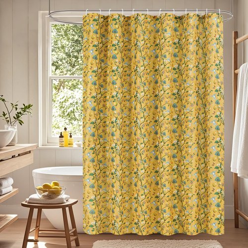Fammio Floral Bird Shower Curtain, Boho Yellow Shower Curtain 72x72, Hummingbird Jungle Victorian Farmhouse Botanical Shower Curtain for Bathroom, Chic French Country Style