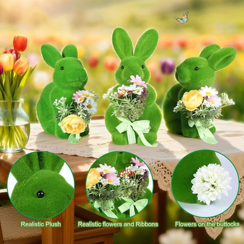 BrilliantJo Moss Bunny Figurines - Cute Spring Decor Gift Set of 3 (10") for Home & Garden