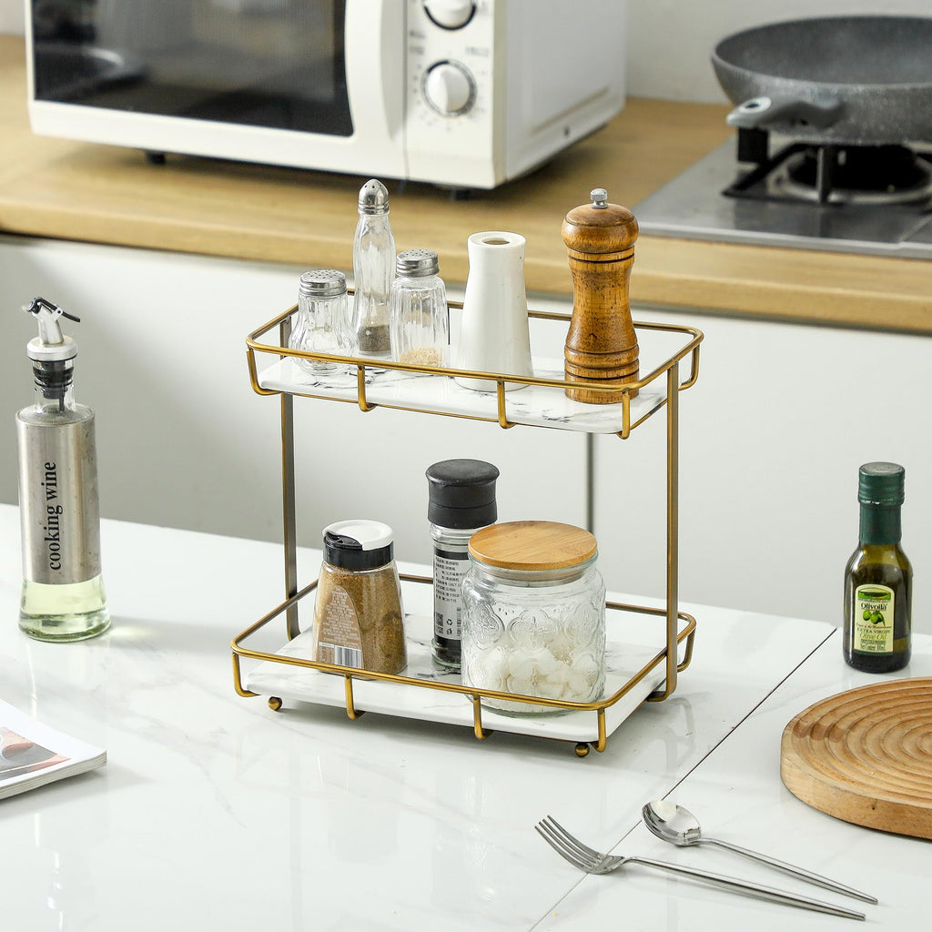 Bathroom Organizer Countertop Perfume Organizer Makeup Organizer Cosmetics Storage Display Rack Vanity Tray Dresser Stainless Steel Gold Shelf White Marble Ceramic Tray