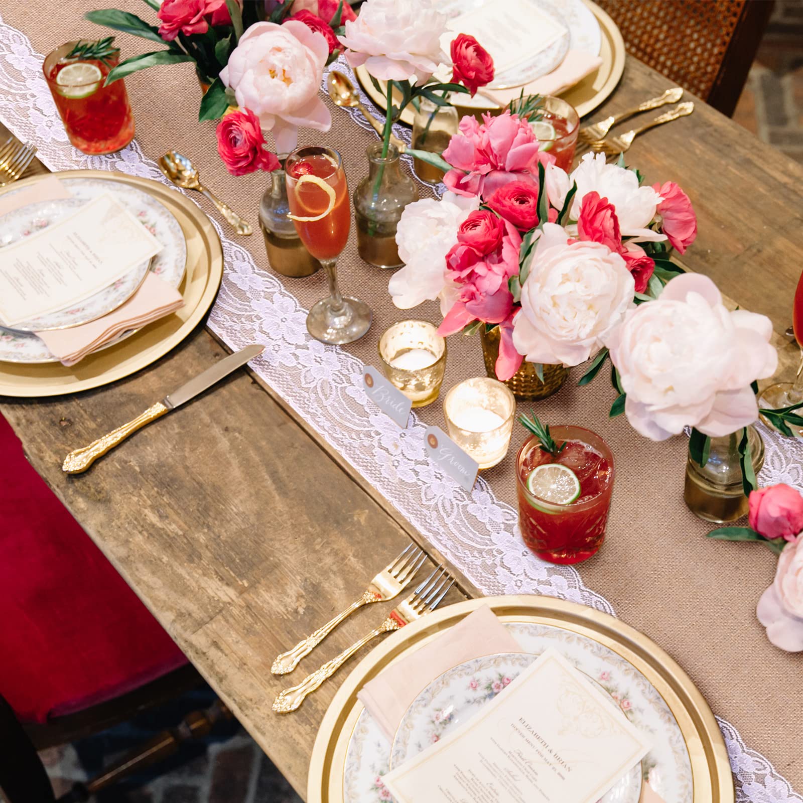 12 Pcs Burlap Table Runners 12 x 108 Inches White Lace Table Runner Rustic Country Wedding Decor Vintage Romantic Table Cloth Party Favors for Birthday Engagement Hotel Home Table Decor(Elegant)