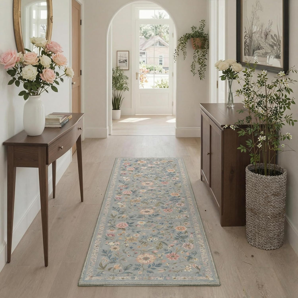 Bavni Runner Rug - Vintage Floral Print, Machine Washable & Non-Slip - 2.5x6 ft, Misty Blue
