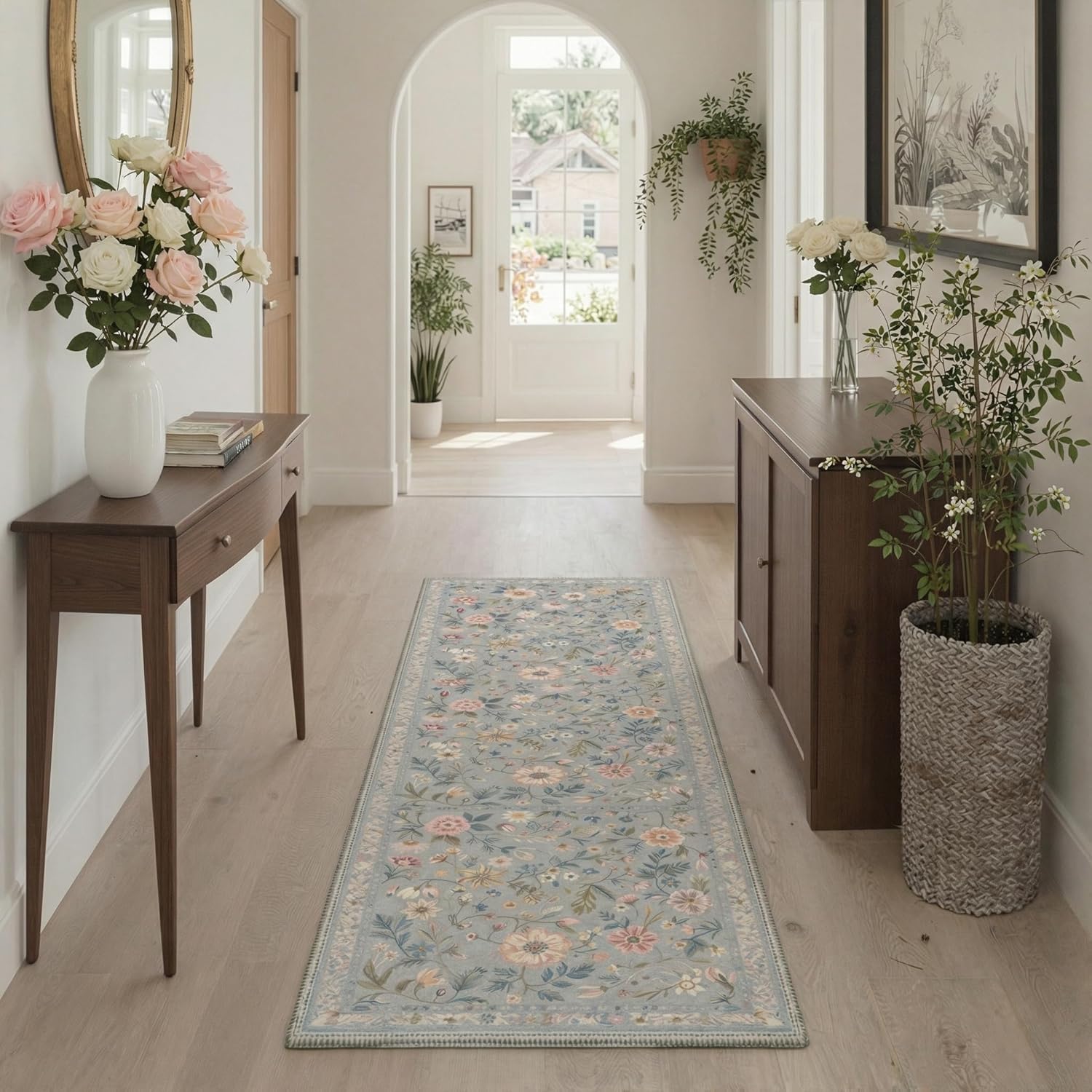 Bavni Runner Rug - Vintage Floral Print, Machine Washable & Non-Slip - 2.5x6 ft, Misty Blue