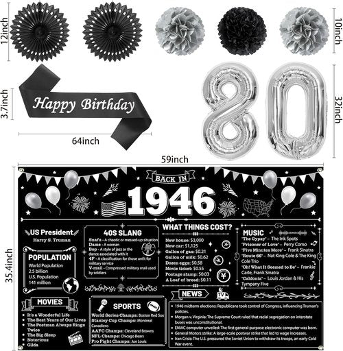 Holkcog 80th Birthday Decorations - Back In 1946 Poster & Banner Set with Balloons, Sash & Fans
