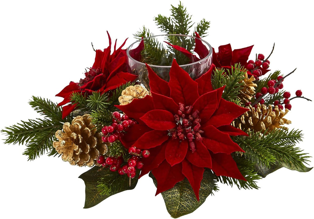 Nearly Natural Poinsettia Candelabrum - Red Berry & Golden Pine Cone Silk Arrangement | 14" H x 14" W