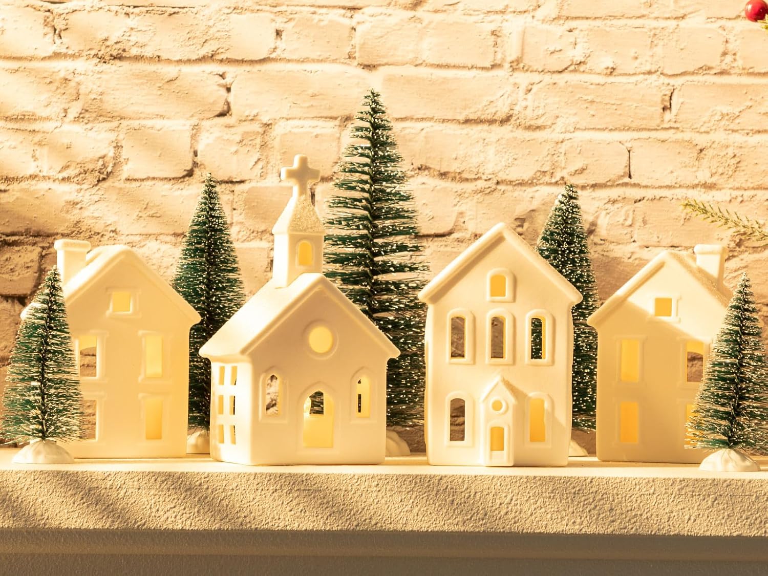 Skiennix 9-Pc Christmas Village Figurines Set - Lighted Ceramic Houses & Trees | Rustic Holiday Decor