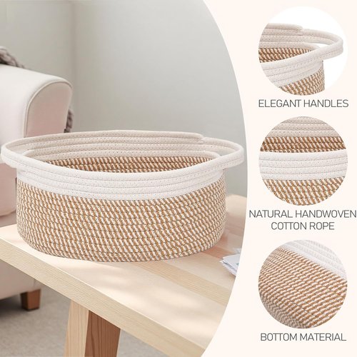 JMvicyroam Woven Basket - Small Rope Storage Bin with Handles for Organizing Shelves | White & Brown Block - 2 Pack