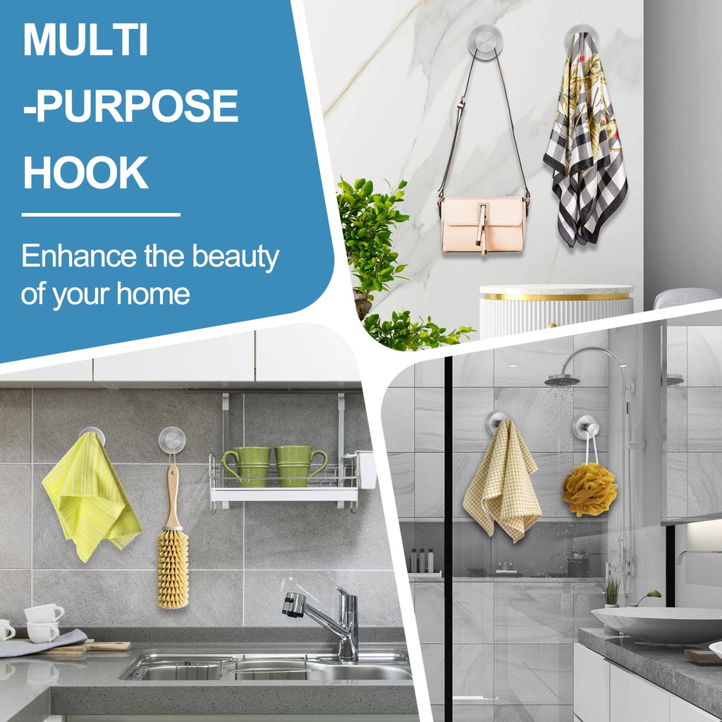 Hviiso Suction Cup Hooks for Glass Window, Mirror, Wreaths - Shower Hooks for Inside Shower, No Drill Towel Hooks for Bathrooms, Bath Robe Coat Looafh Hook for Hanging - Silver(2 Pack)