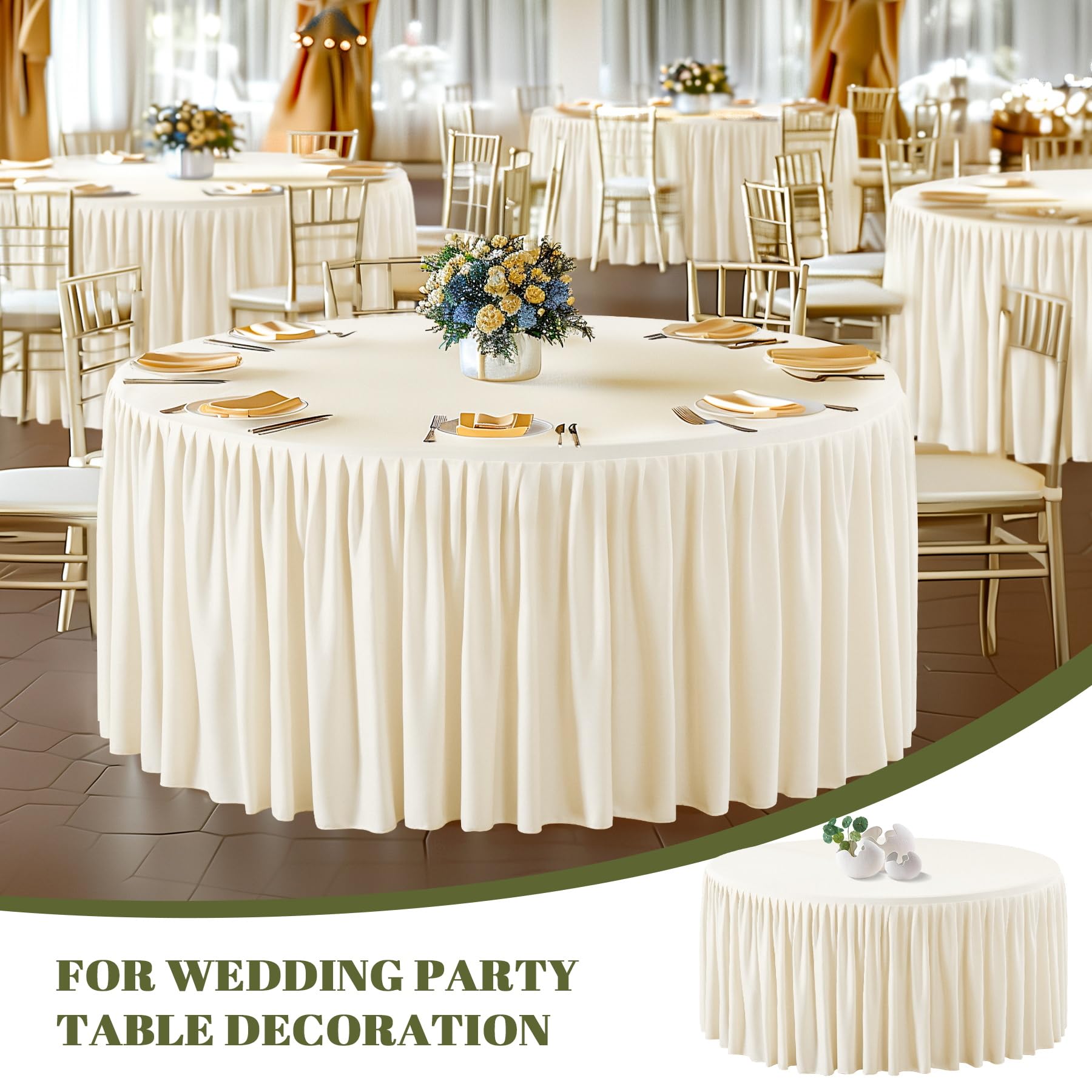 Wish Care 2 Packs 6FT Round Tablecloth 72Inch, Ivory Stretchy Fitted Table Cloths, Wrinkle Resistant Polyester Table Cover with Pleated Ruffle Skirt for Party, Wedding and Banquet Decoration
