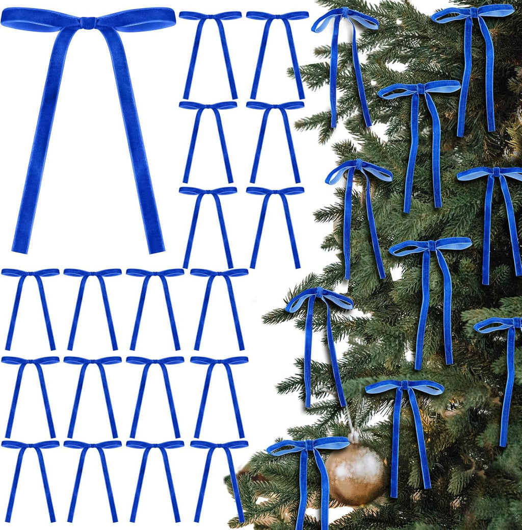 Royal Blue Velvet Bows - 24 Pcs Christmas Tree Ornaments | Valentine's Day Garland Decor (5 x 7 Inch)