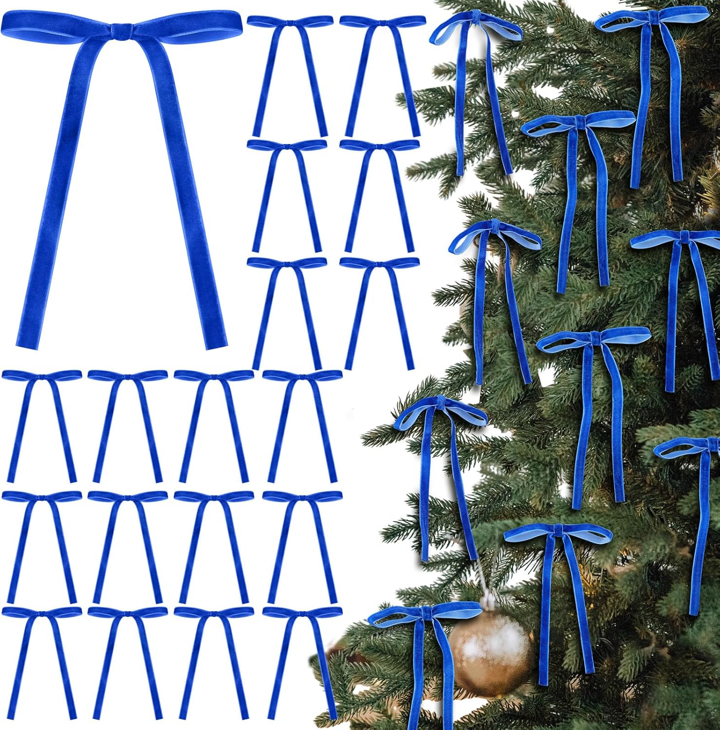 Royal Blue Velvet Bows - 24 Pcs Christmas Tree Ornaments | Valentine's Day Garland Decor (5 x 7 Inch)