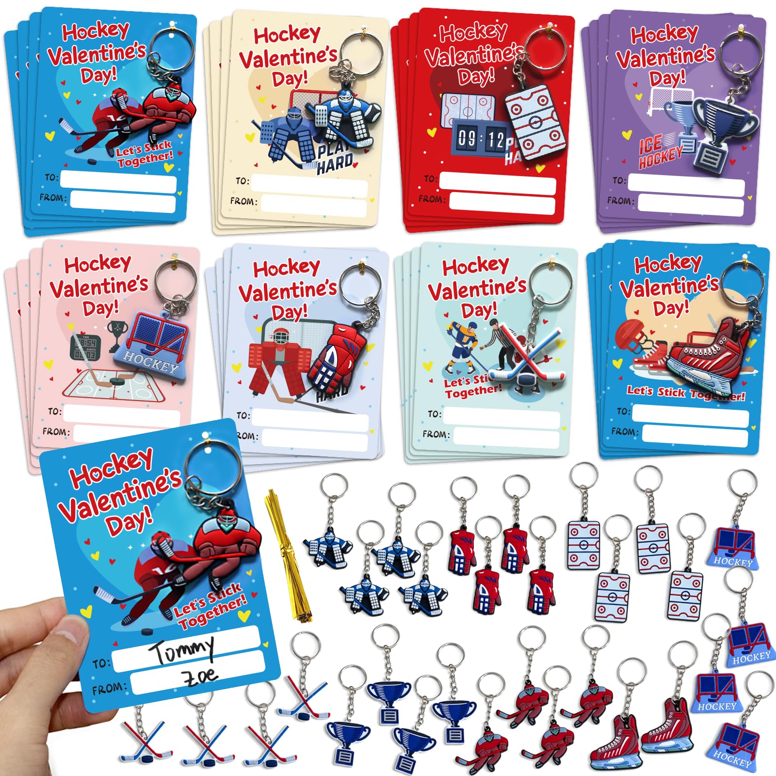 PINGAMOO Hockey Valentines Day Cards, 32PCS Valentine Cards with 32PCS Hockey Keychains, Boys Valentine's Card for Classroom School Party Favors Valentines Exchange
