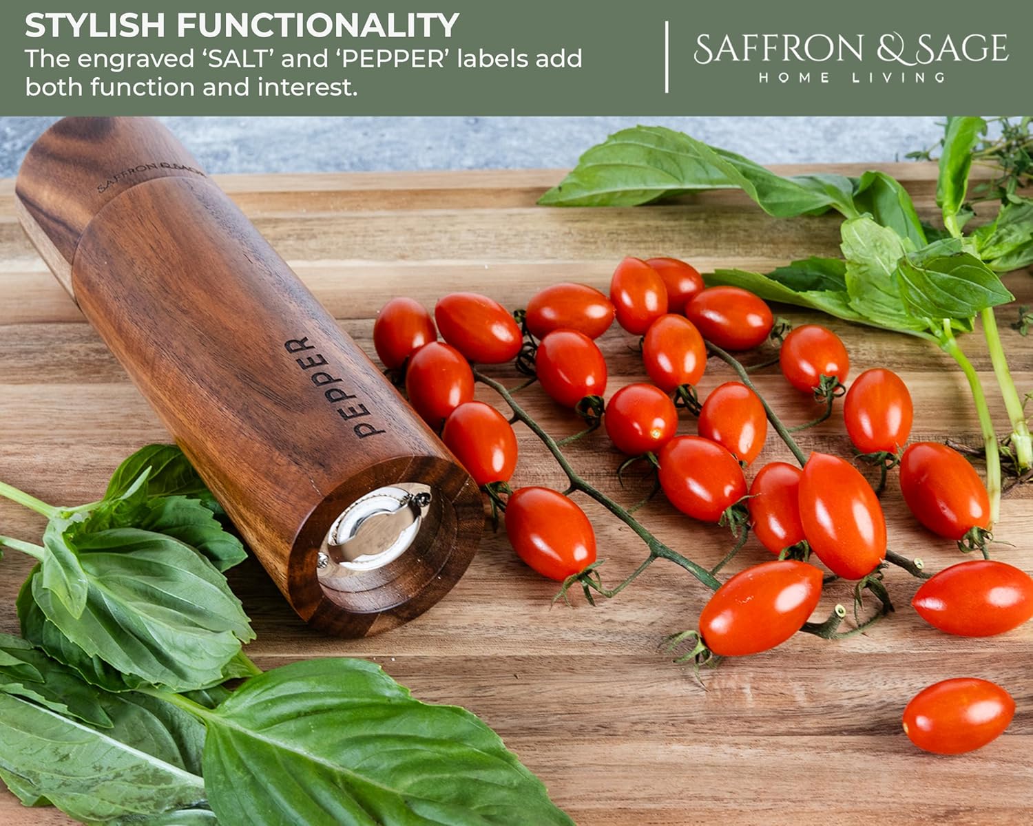 Saffron & Sage Acacia Wood Salt and Pepper Grinder Set | 8” Tall, Adjustable Coarse Settings, Rust Resistant
