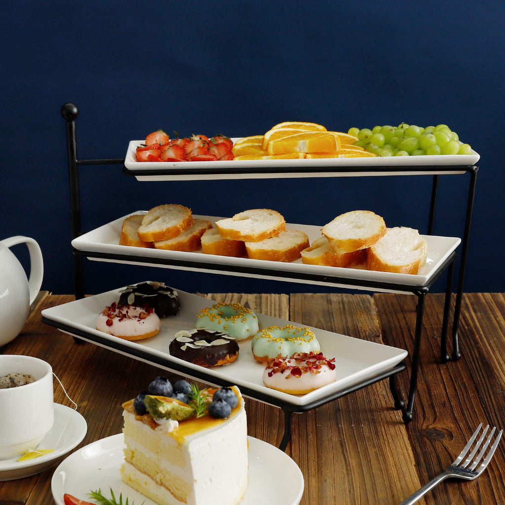 Sweese 3 Tiered Serving Stand, Foldable Rectangular Food Display Stand with White Porcelain Platters - Serving Trays, Dessert Display Server for Brithday Party, Valentine's Day and Events