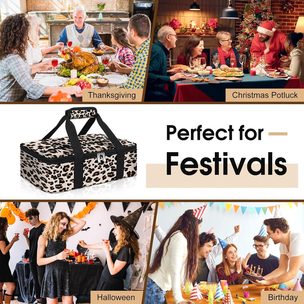 Skiennix Insulated Casserole Carrier - Portable Hot/Cold Food Tote for Potluck Parties | Fits 9" x 13" Dish - Leopard