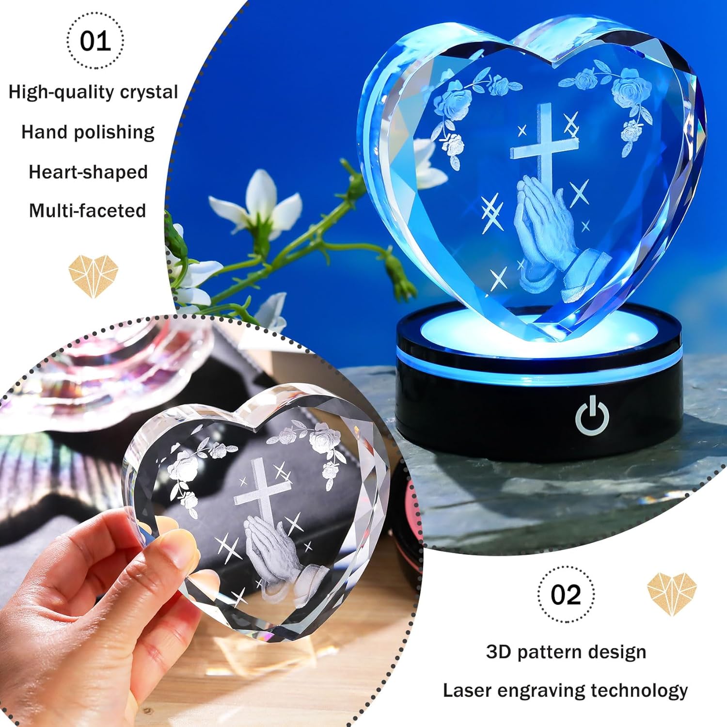 Ornalrist Crystal Heart 3D Praying Hands | Colorful LED Base Night Light Gift for Men & Women