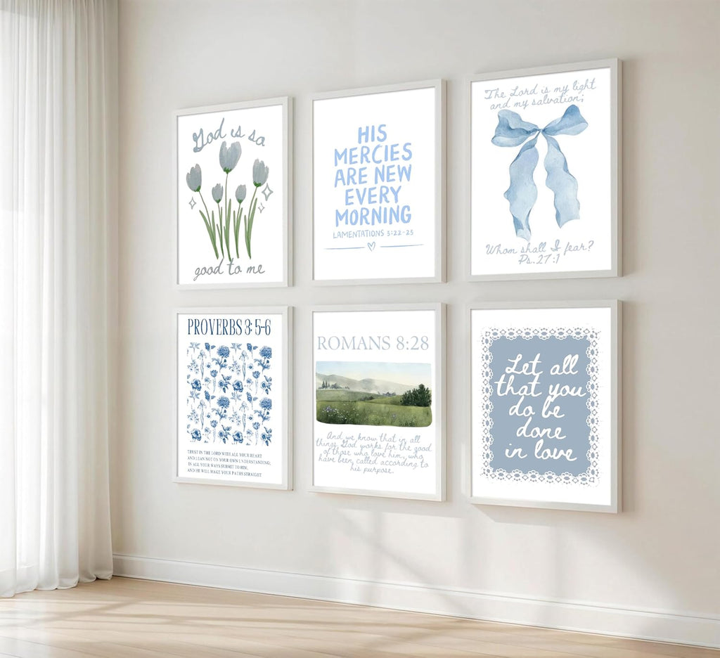 Skiennix Set of 6 Trendy Blue Christian Canvas Wall Art - Inspirational Bible Verses for Girls' Room