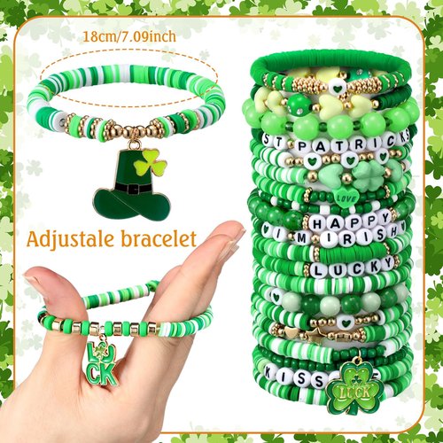 Landical 64 Pieces St. Patrick's Day Bracelets Bulk Beaded Favor Irish Lucky Leaf Shamrock Bracelet Pack Green Stackable Friendship Jewelry for Gifts Goody Bag Fillers Party Supplies