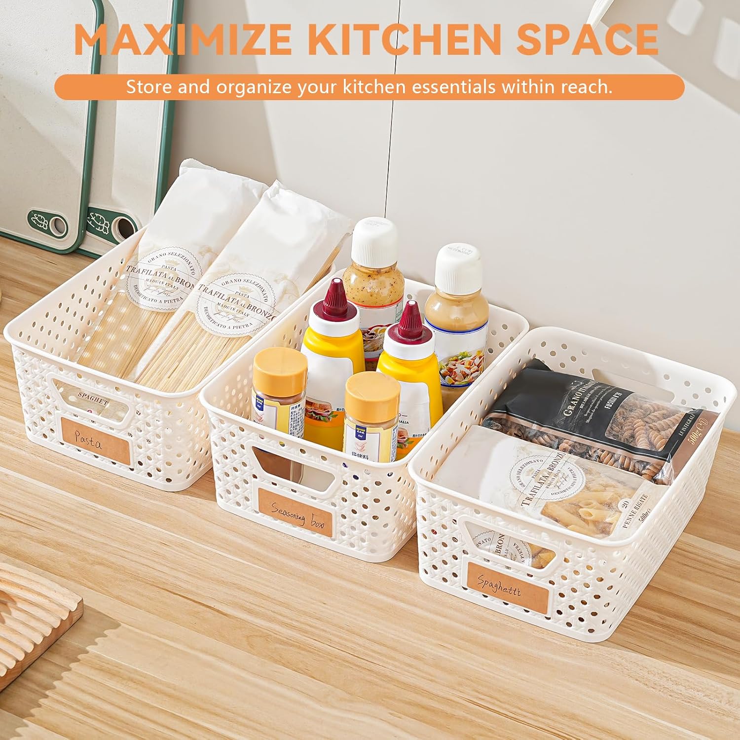 Plastic Storage Baskets - 12 Pack Organizing Bins with Handles & Labels for Home, Office, Closet
