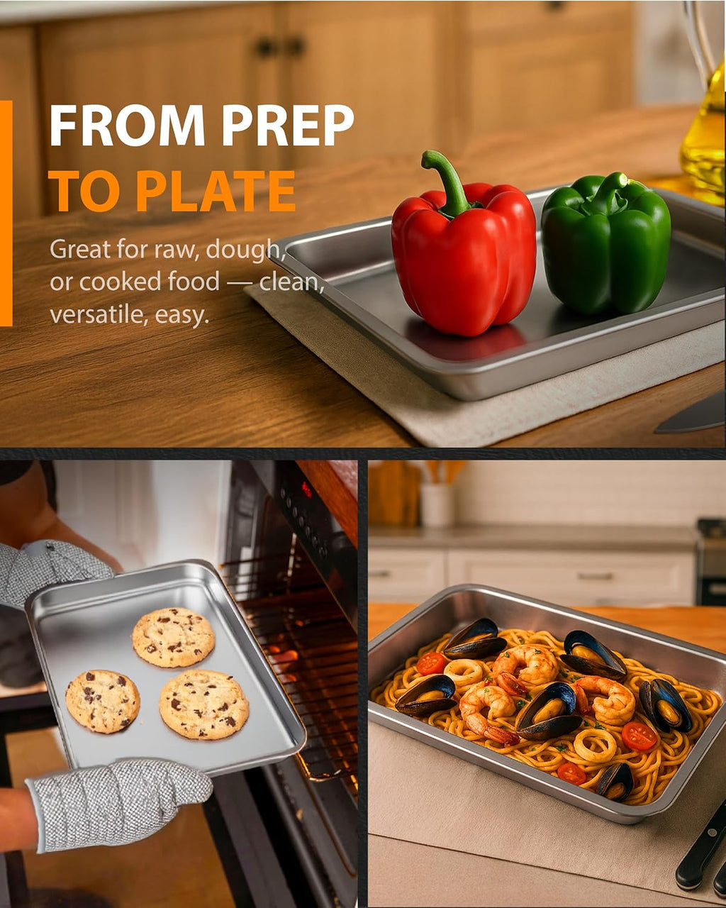 Stainless Steel 3-Piece Baking Pan Set by [Brand Name] - Oven Safe, Corrosion-Resistant, Easy to Clean | 16-Inch, 12-Inch, 9-Inch Sizes