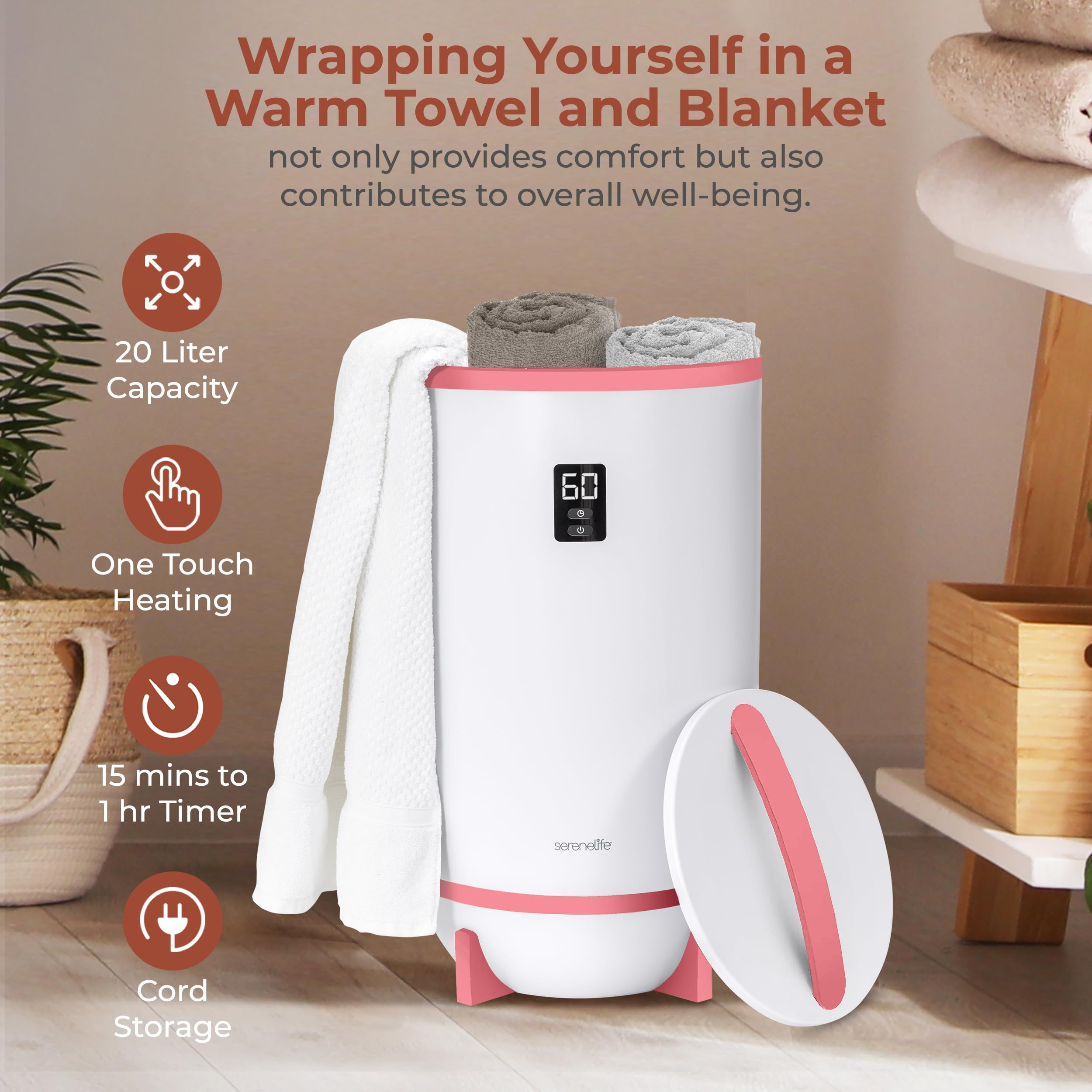 SereneLife Towel and Blanket Warmer - Single Touch Portable Towel Heater for Bathroom, Fragrant Disc Holder, LED Ring, 2 Large Towel Capacity, Built-in Timer (15-60 mins), Auto Shut-Off (Pink)