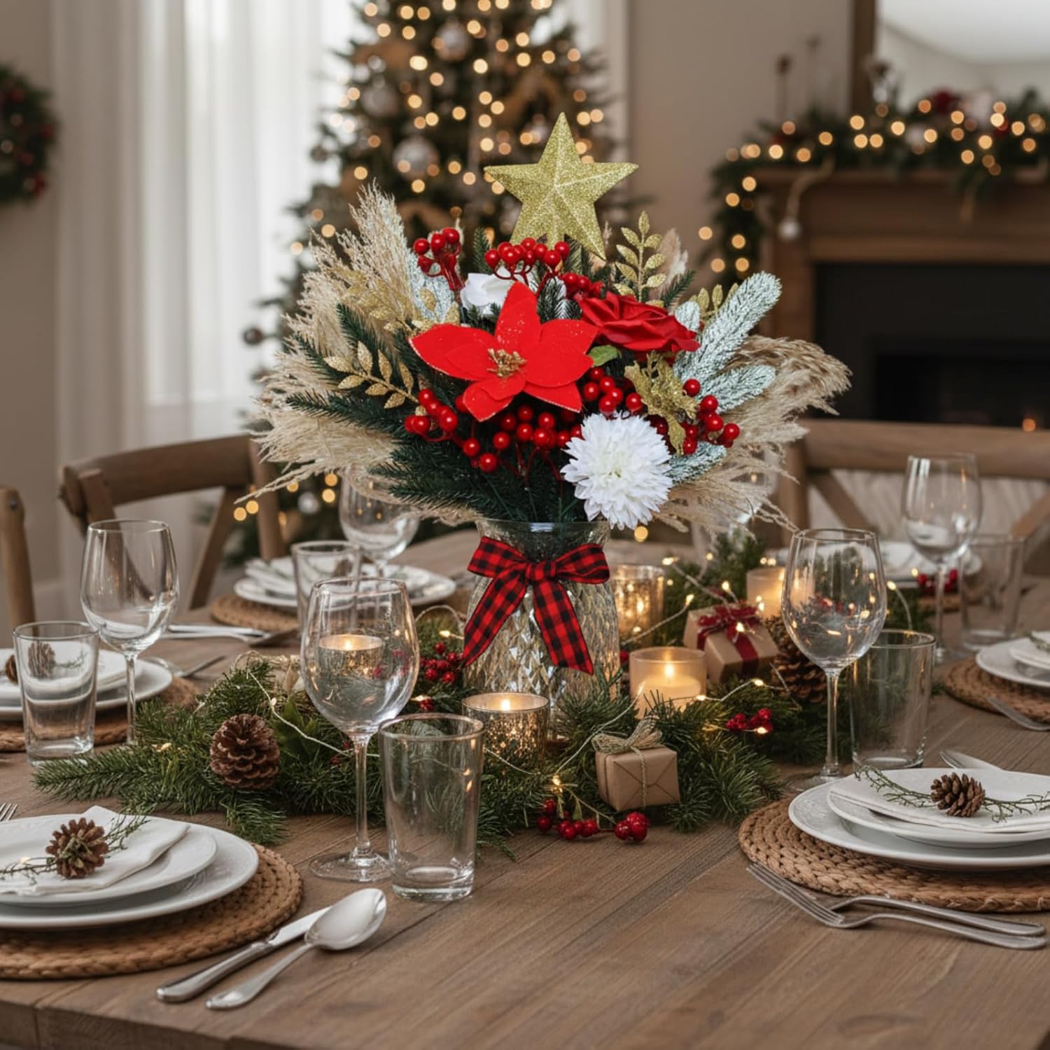 RyddeligHome Christmas Centerpieces - 100pcs Holiday Floral Arrangements in Vase | Red Poinsettia & Pine
