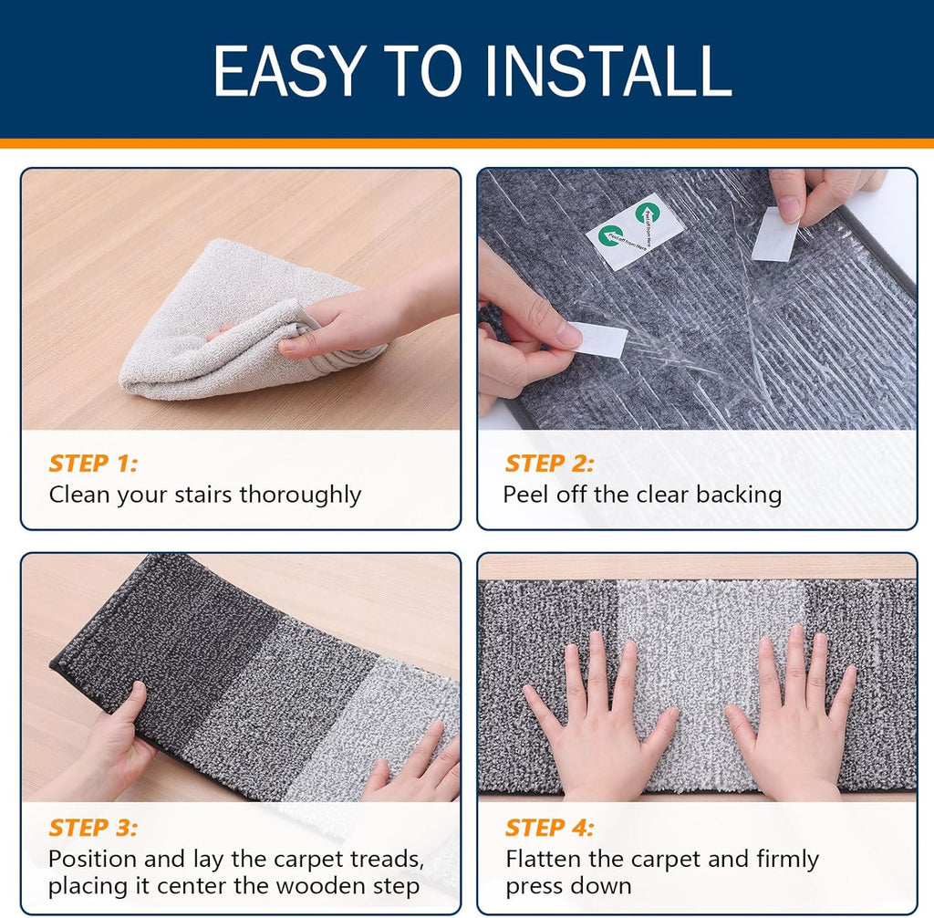 OLANLY Non-Slip Stair Treads - 15PCS Indoor Stair Runners for Wooden Steps | 8" x 30" Grey Edging Rugs with Reusable Peel and Stick Adhesive for Safety