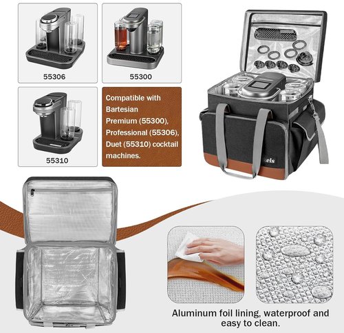 ORKELS Travel Carrying Case Compatible with Bartesian Premium Cocktail Machine, Insulated Cooler Bag for Bartesian Machine with Pockets for Cocktail Capsules, Menu and Other Accessories, Black, OR-15