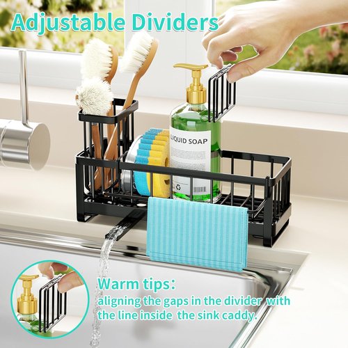 HapiRm Sponge Holder - Self-Draining Kitchen Sink Caddy with Brush & Dishcloth Holders | Black Stainless Steel
