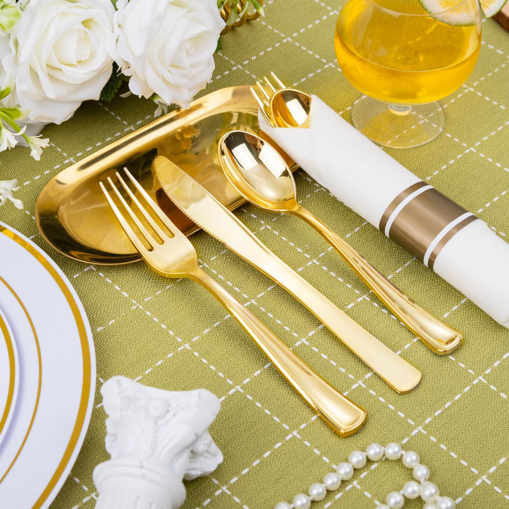 Nervure 400PCS Pre Rolled Gold Plastic Silverware Sets - Heavy Duty Gold Cutlery - Include 100 Pack Wrapped Disposable Utensils with Napkins for Parties, Dinners & Weddings