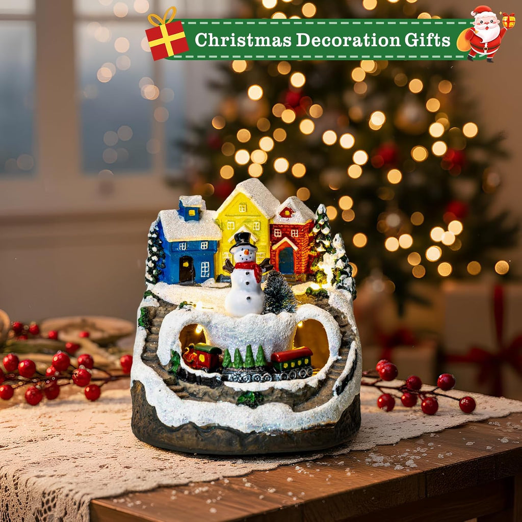 ZQQLITE Animated Musical Christmas Snowman Village - Lighted Figurines with Rotating Train for Home Decor