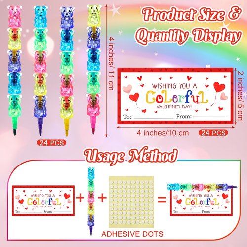 Noveread 24 Valentines Cards and Stacking Crayons 24 Pcs 5 Colors Panda Buildable Crayons 24 Pcs Valentines Greeting Cards for Prizes Goodie Bag Fillers Party Supplies