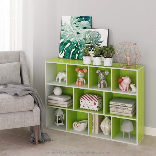 Furinno LUDER 11-Cube Bookshelf - Reversible Design, Easy Assembly | White/Green, 9.4 x 29.1 x 41.7