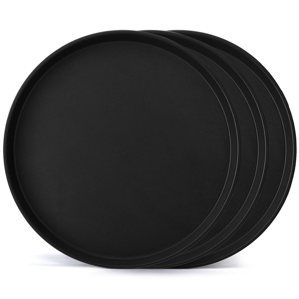 TOPZEA 3 Pack Large Restaurant Serving Tray, 18 Inch Plastic Black Round Server Tray, Non-Slip Rubber Lined Bar Drink Trays Cafeteria Buffet Food Service Trays for Coffee Table, Kitchen, Party