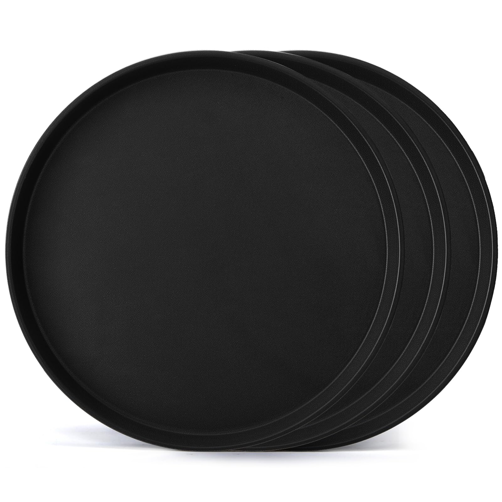 TOPZEA 3 Pack Large Restaurant Serving Tray, 18 Inch Plastic Black Round Server Tray, Non-Slip Rubber Lined Bar Drink Trays Cafeteria Buffet Food Service Trays for Coffee Table, Kitchen, Party