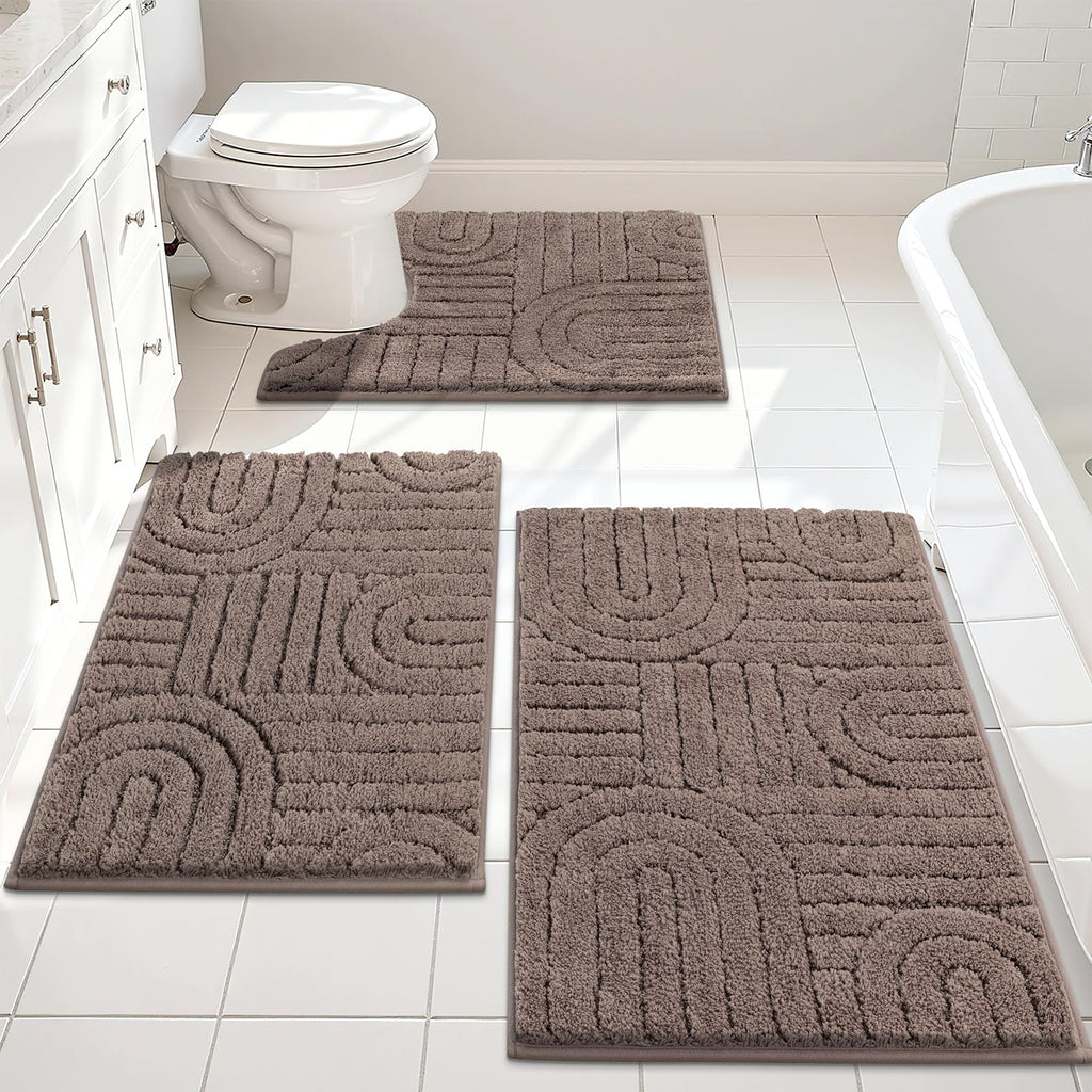 Vaukki Bathroom Rugs Sets 3 Piece, Brown Washable Non Slip Soft Bath Mats for Shower and Tub, Plush Absorbent Microfiber Toilet Rug U Shaped, 32x20+26x18+24x20 Inch